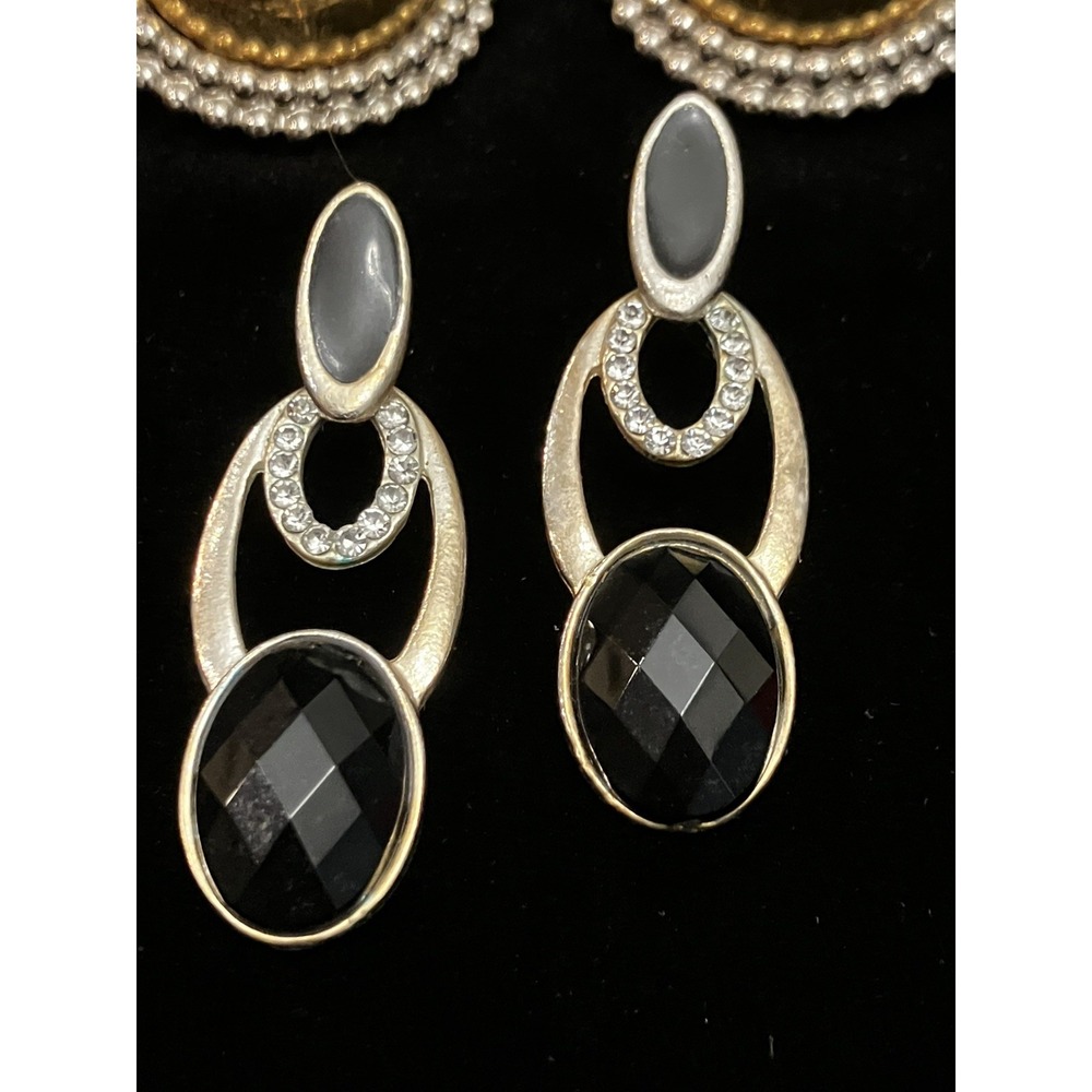 Black Silver Tone Dangle Earrings Faceted Acrylic Teardrop Stones & Rhinestones